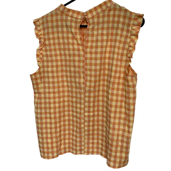 Nanette Lepore Orange Yellow Gingham Plaid Ruffle Sleeve Blouse Size Large - Picture 2 of 6